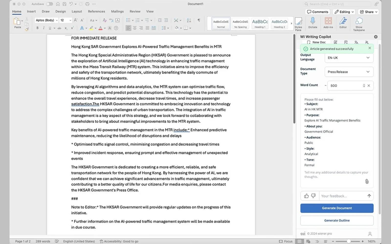 WI Writing Copilot — screenshot from the Microsoft Marketplace listing