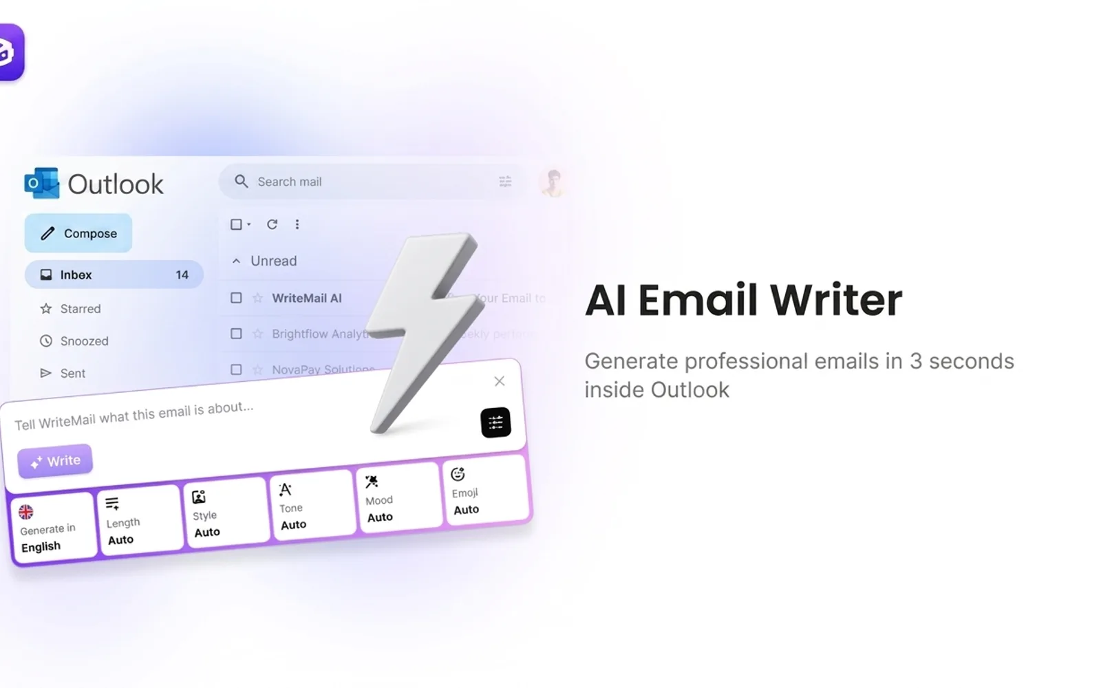 WriteMail for Outlook — screenshot from the Microsoft Marketplace listing